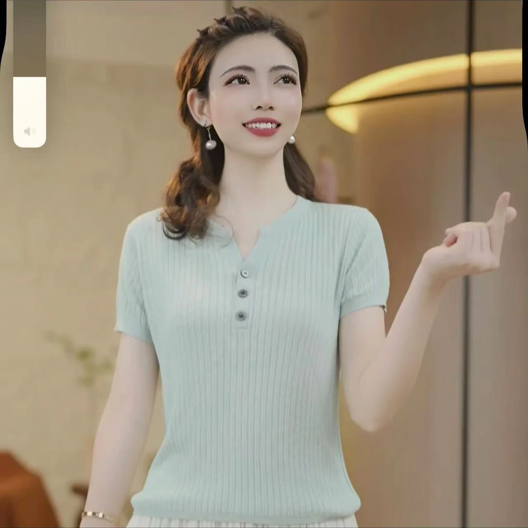 v领冰丝针织短袖女夏季薄款半开领t恤宽松减龄凉感上衣