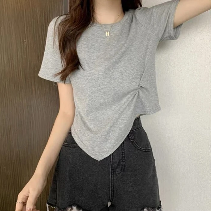 385 ins超火设计感不规则短袖T恤女夏韩版潮短款修身上衣服517