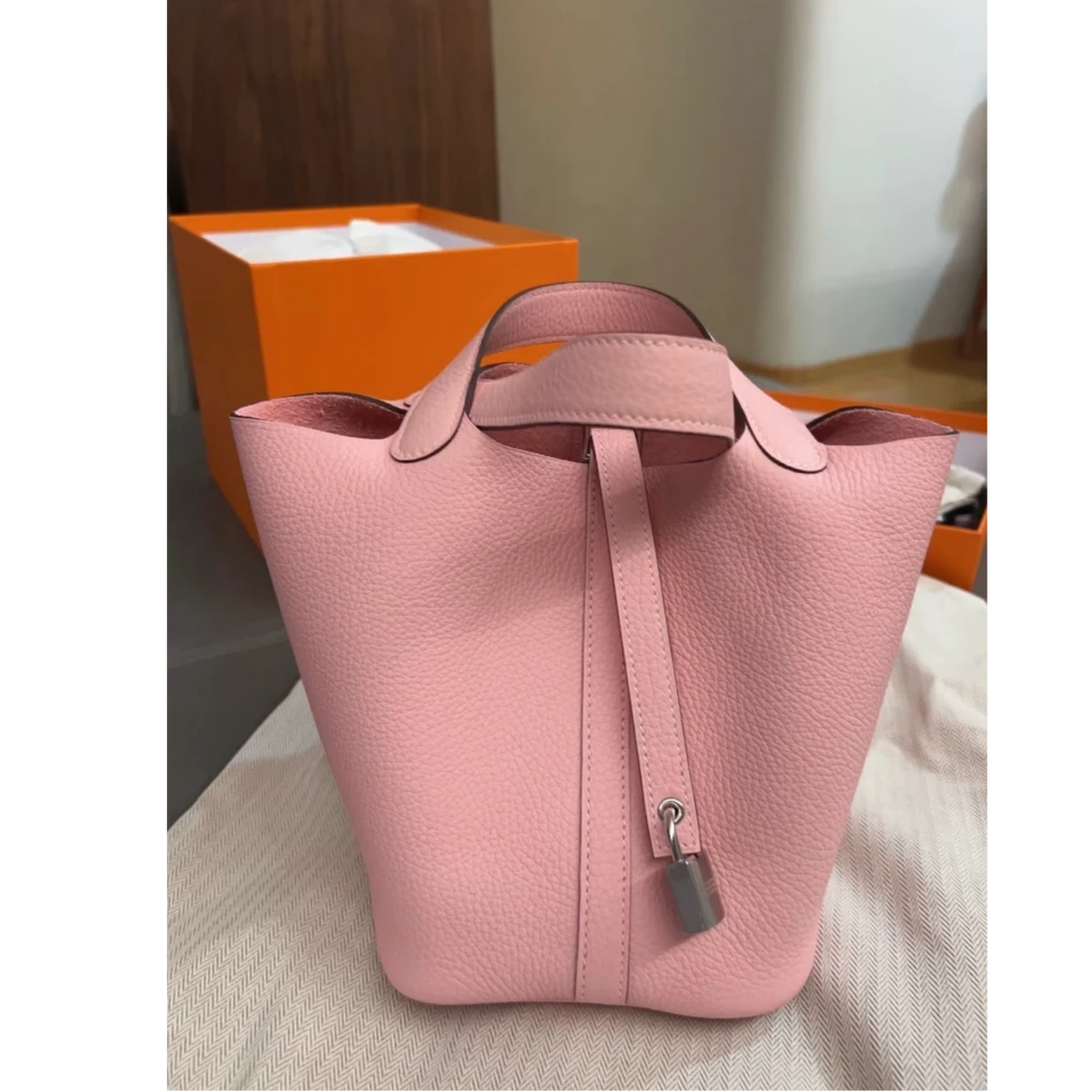 未使用 Hermes/爱马仕 菜篮子18 樱花粉银扣W刻 实物超级好看