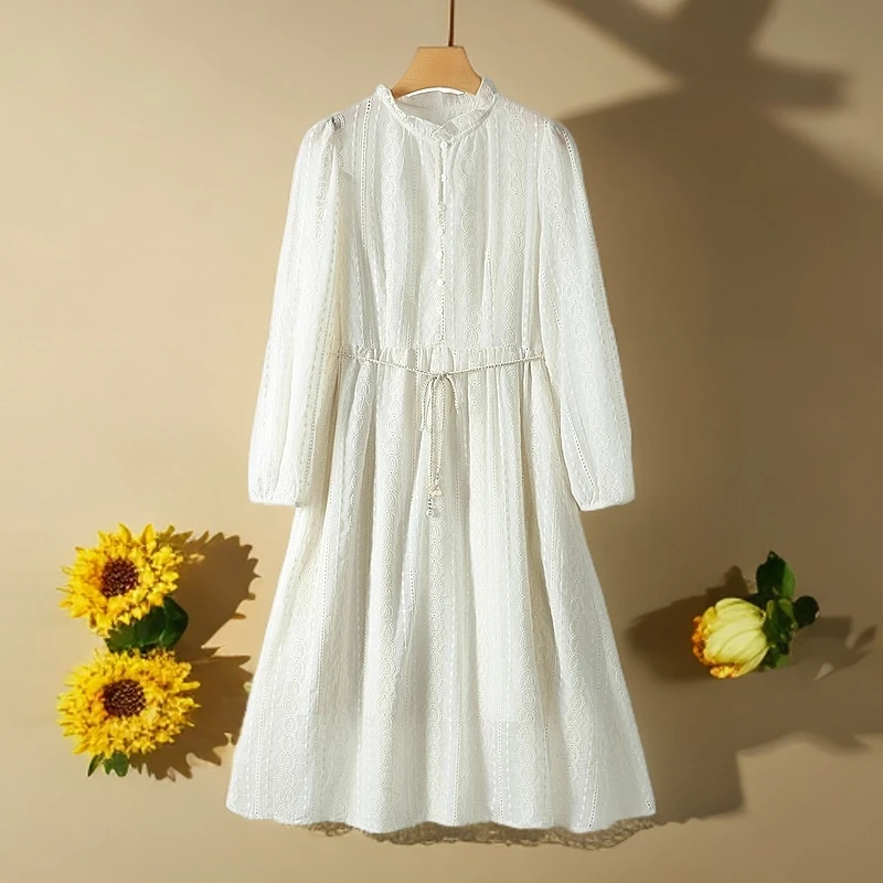 【妙】25春品牌折扣古典优雅木耳边刺绣镂空腰绳纯色连衣裙女378