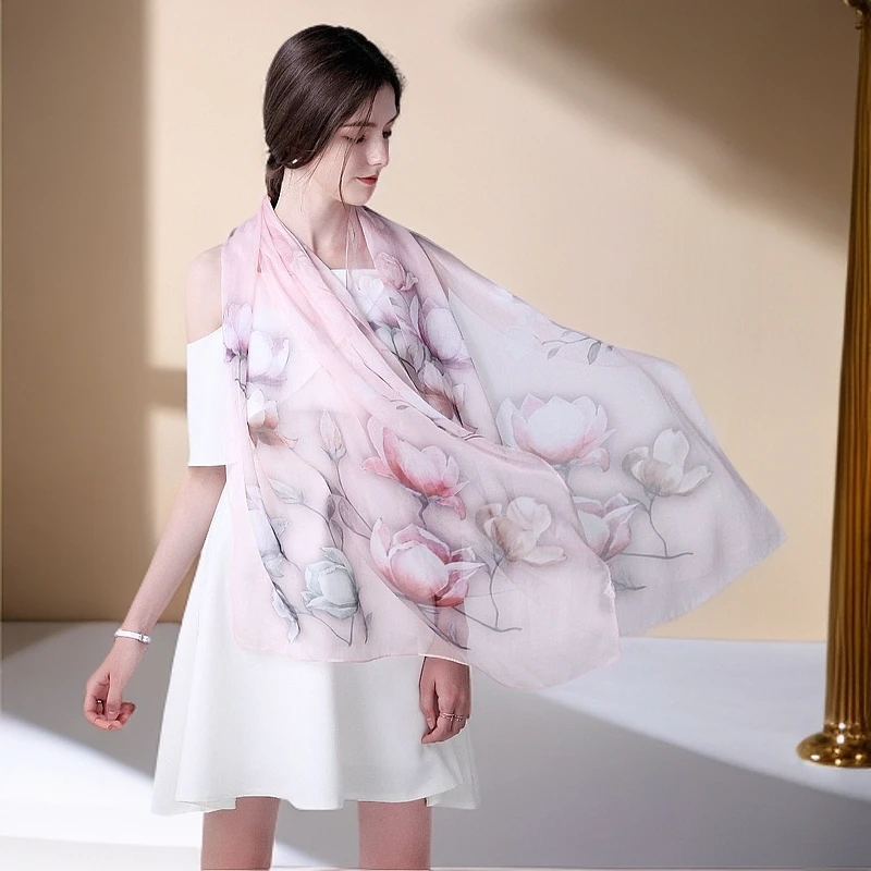 品牌100%桑蚕丝180*65cm芳亭幽兰真丝高档薄款丝巾旗袍披肩长款女