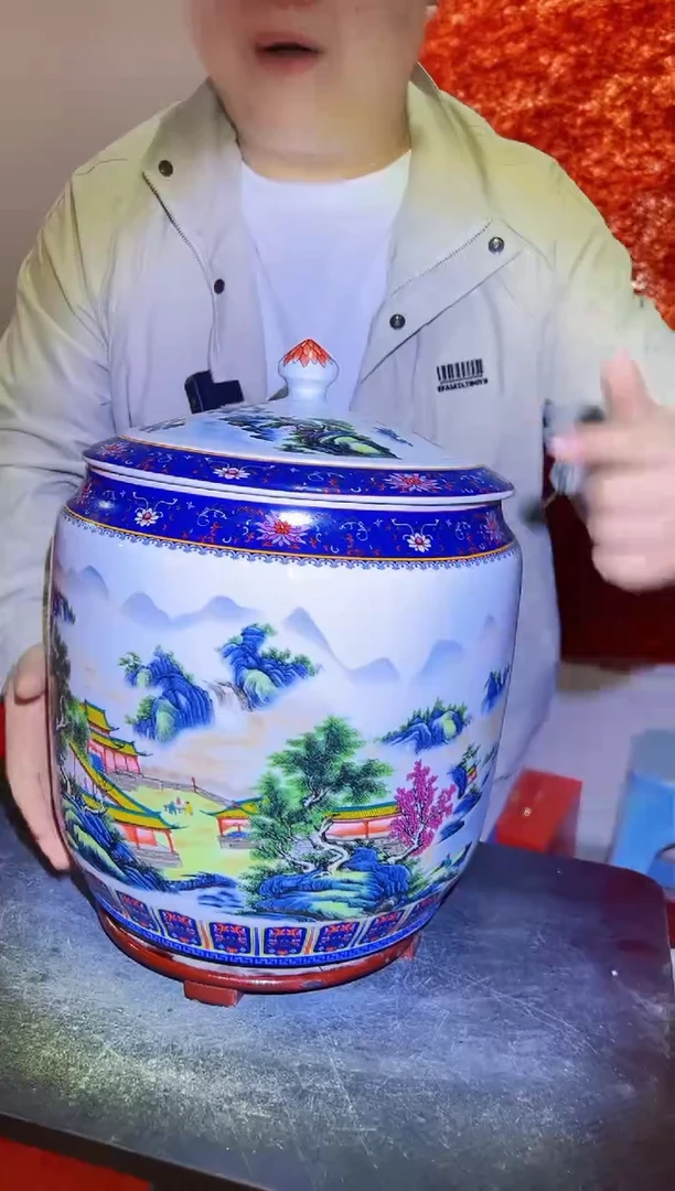 摆件景德镇陶瓷储物罐粉彩山水