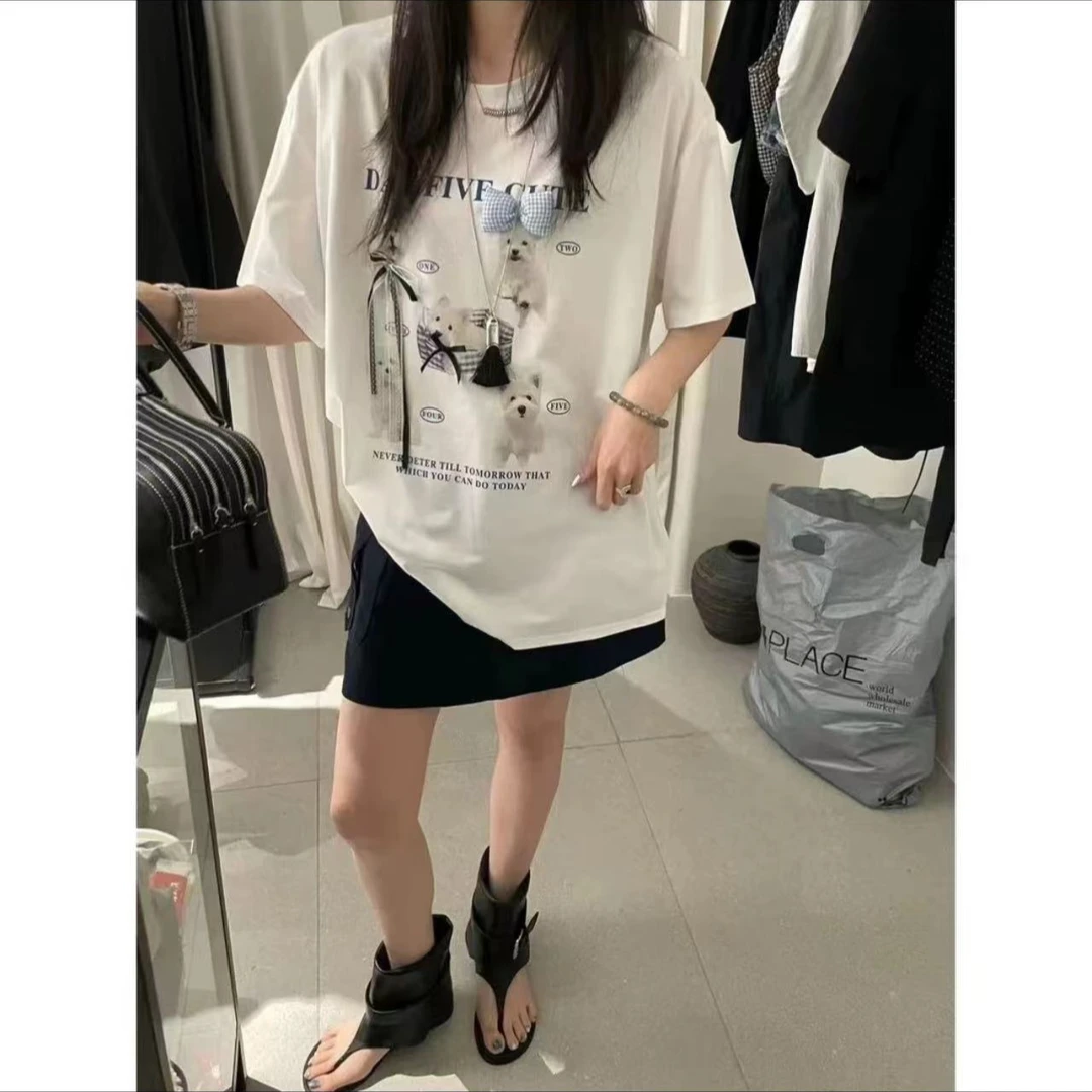 MeiDi#[DY0097]韩国东大韩系甜美可爱狗狗喷画宽松短袖t恤女上衣