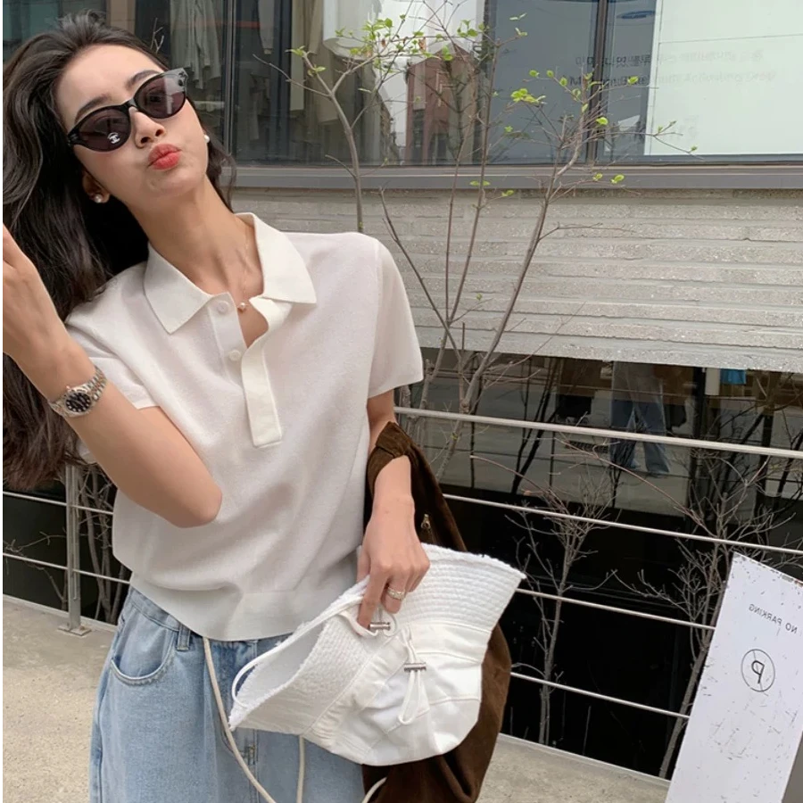 春夏季polo领短袖女宽松显瘦正肩T恤半袖针织衫上衣气质显瘦
