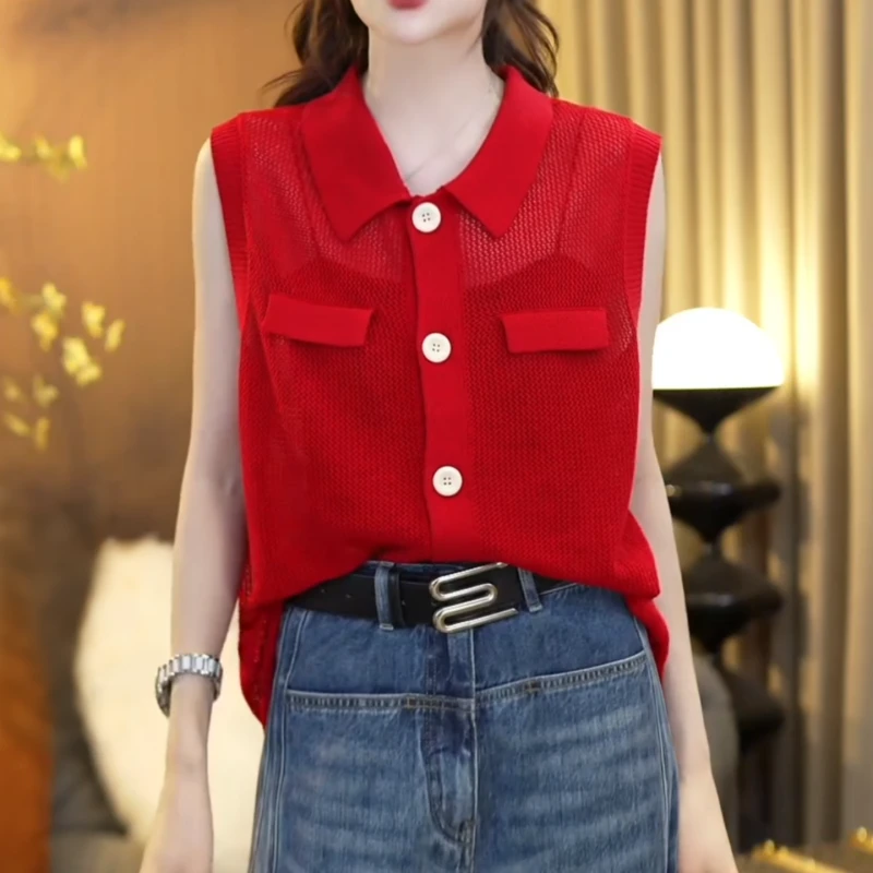 『时光针』2025夏季显瘦洋气薄纱针织翻领无袖马甲上衣LK2503162