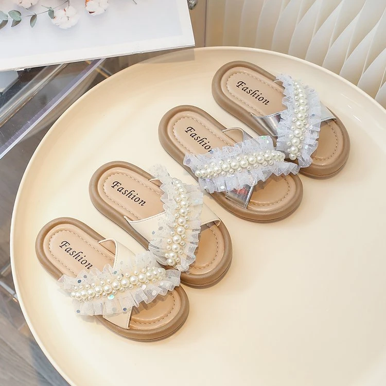 305女童外出拖鞋时尚夏季小女孩蕾丝珍珠拖鞋