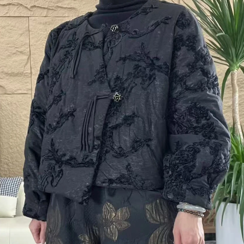 32158黑色新中式提花冬季保暖棉衣