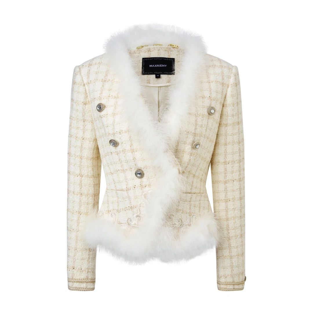 MAXRIENY2025年秋季新款小香风宫廷花纱细闪刺绣收腰外套气质感