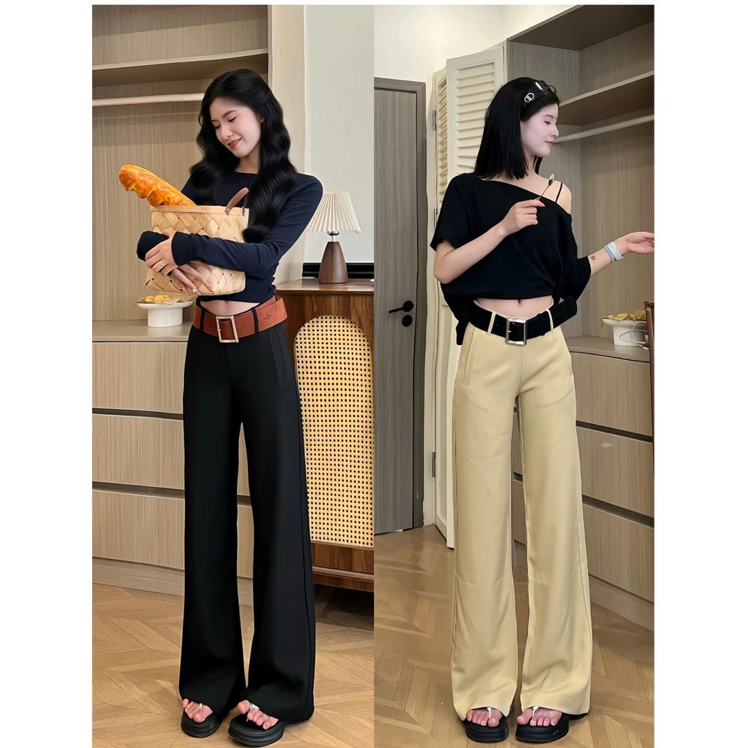 【万小梦专属】中腰2025休闲裤女春夏卡其长裤宽松阔腿裤拖地西装裤