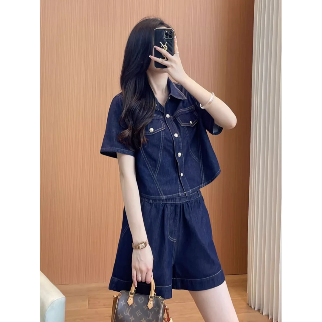 牛仔减龄套装女夏季2025新款短袖短裤小个子高级感阔腿裤两件套潮