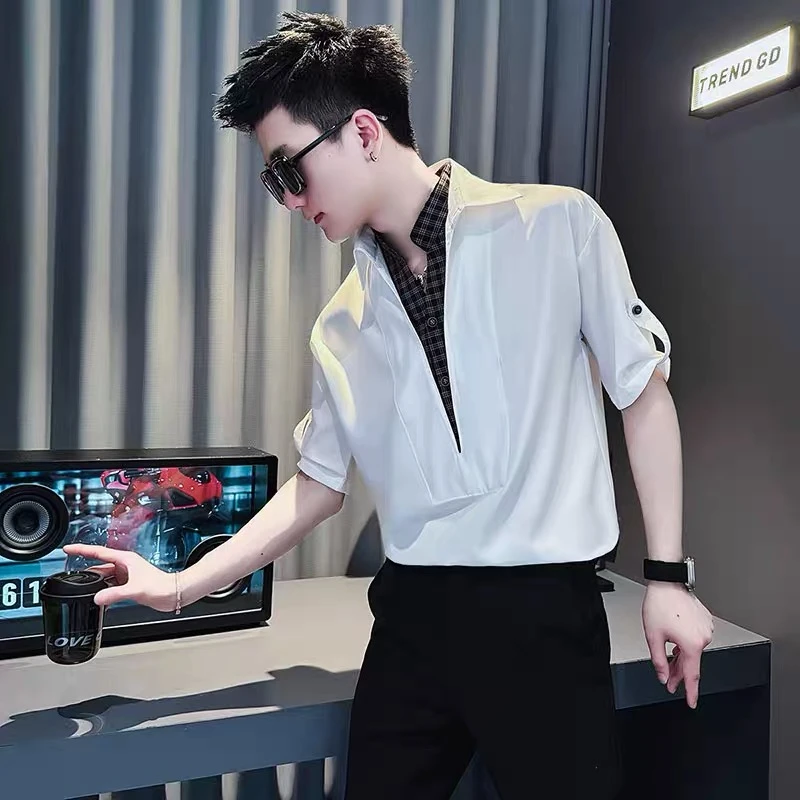 【正品】假两件衬衫男polo领短袖痞帅风潮牌五分袖2025新款上衣男装