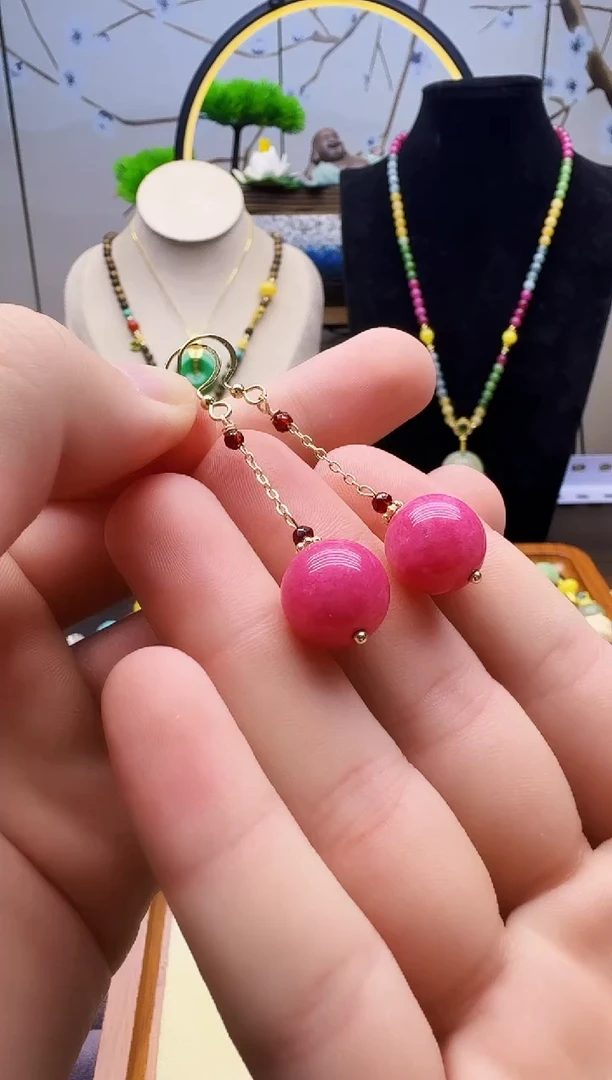 菱锰矿（红纹石）14K金镶嵌耳钉E159