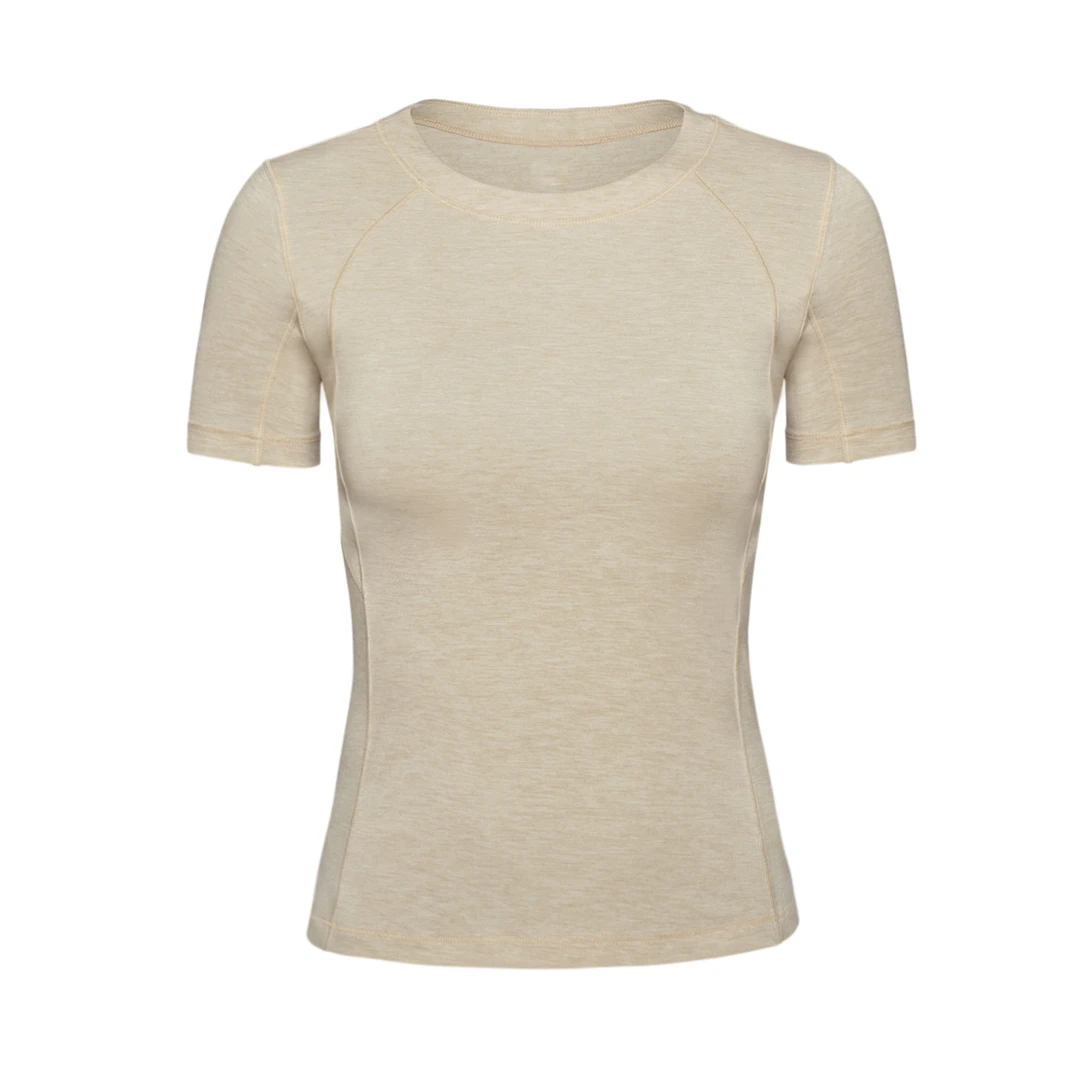 Cr*wn*女士短袖运动透气圆领羊毛平纹紧身DA92