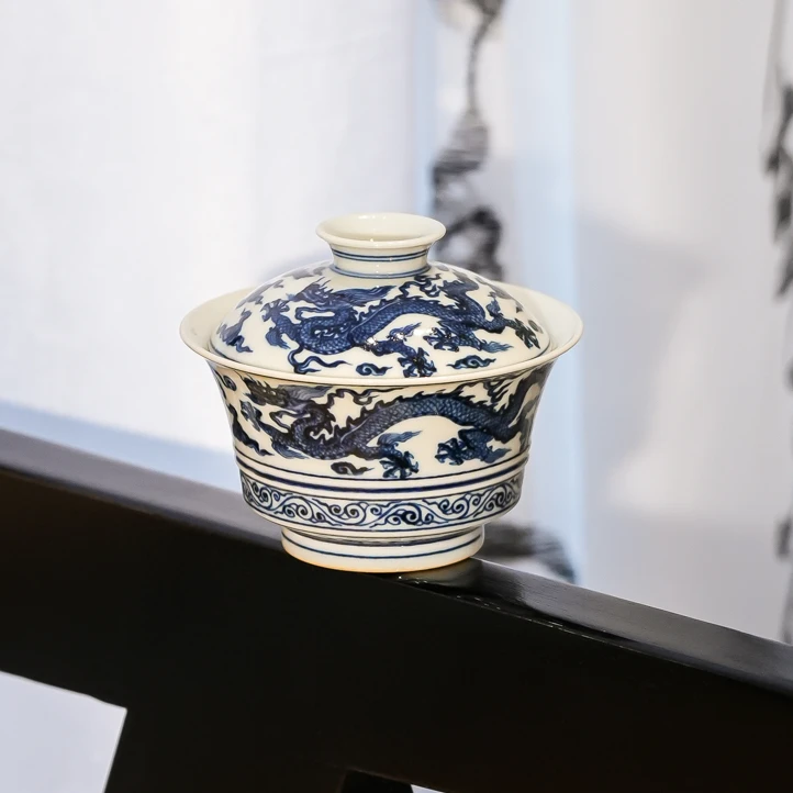 青韵堂 冯光明老师亲工青花五龙腾海盖碗130ml  公道杯150ml