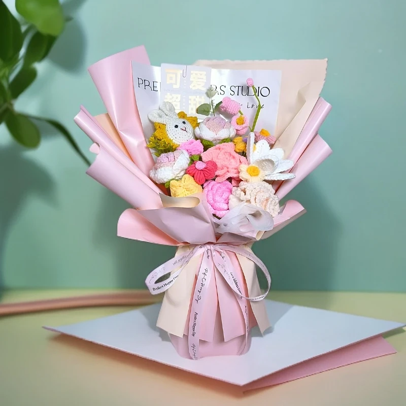 手工编织向日葵玫瑰花束毛线针织成品钩针制作永生花情人节礼物