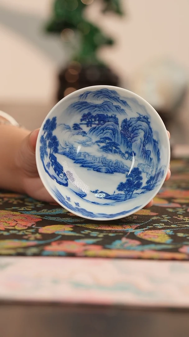 天心雅器山水卧足杯
