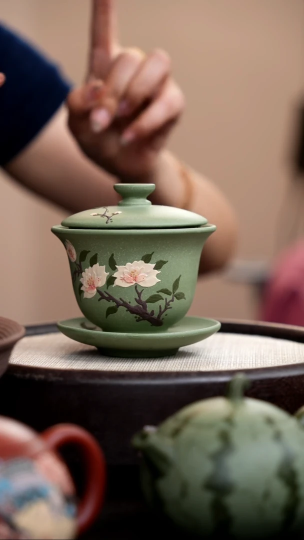 茶壶紫砂豆青砂三才盖碗泥绘三花