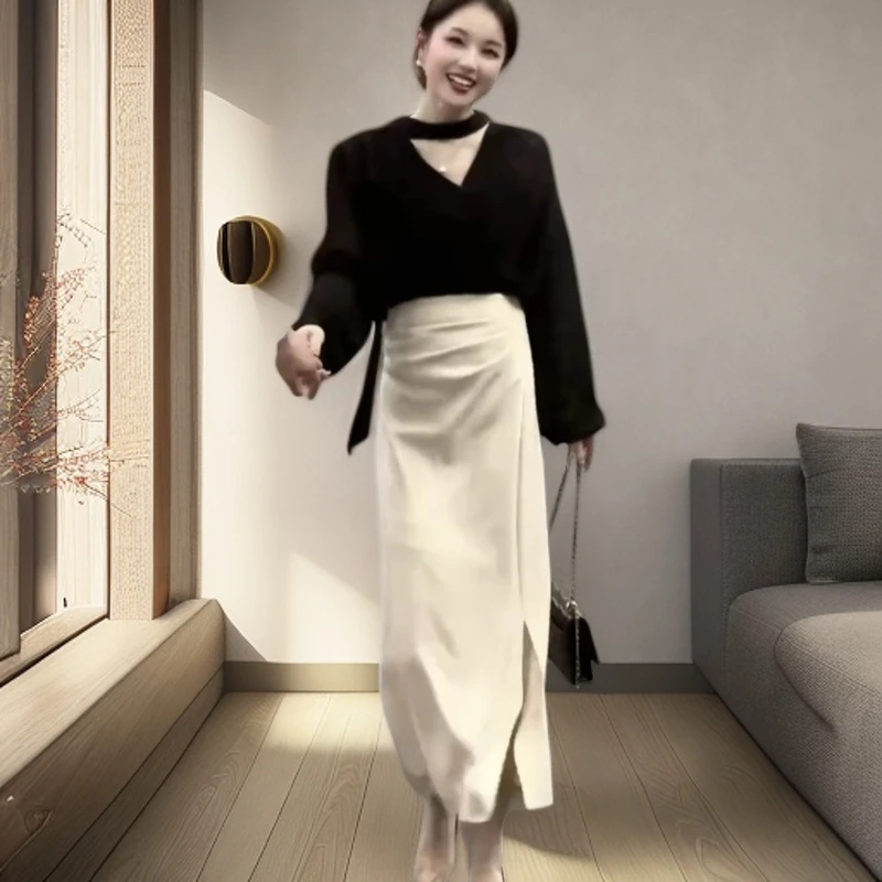 韩版时尚套装女2025年夏季宽松百搭黑色显瘦高腰显瘦半身裙两件套
