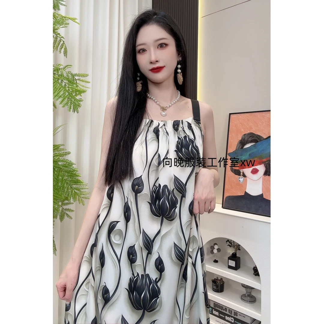 【黑莲花】旅游度假风立体印花吊带连衣裙无袖长裙女夏季新款气质