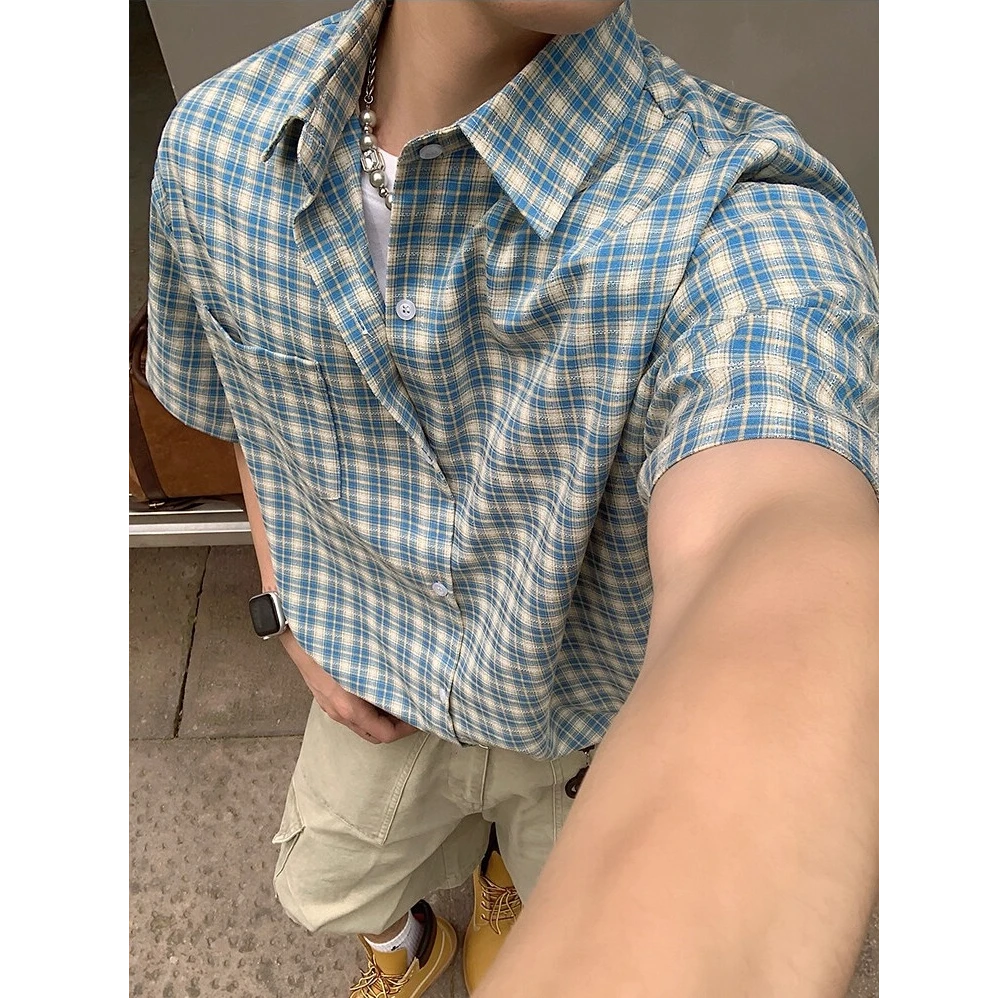 美式复古短袖格子衬衣男款夏季干净阳光男生穿搭宽松半袖衬衫上衣