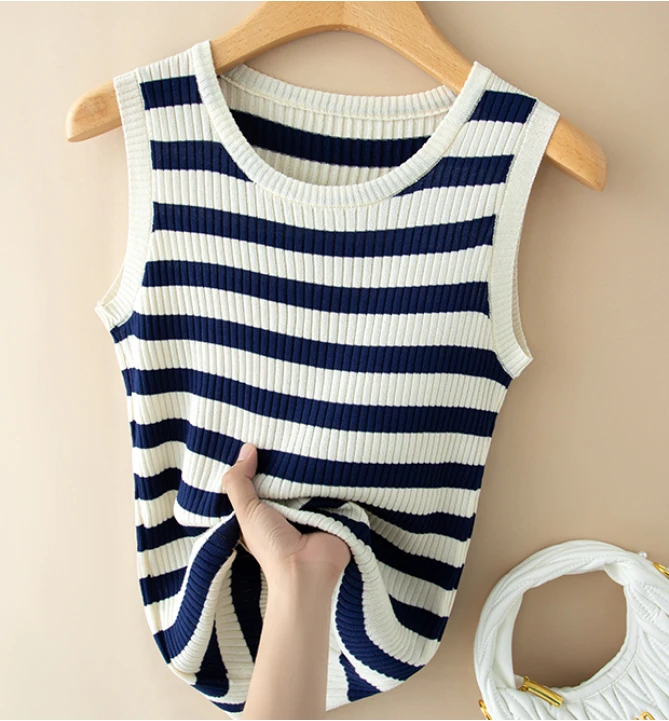 夏季条纹圆领冰丝针织背心吊带百搭休闲显瘦街头内搭无袖上衣打底