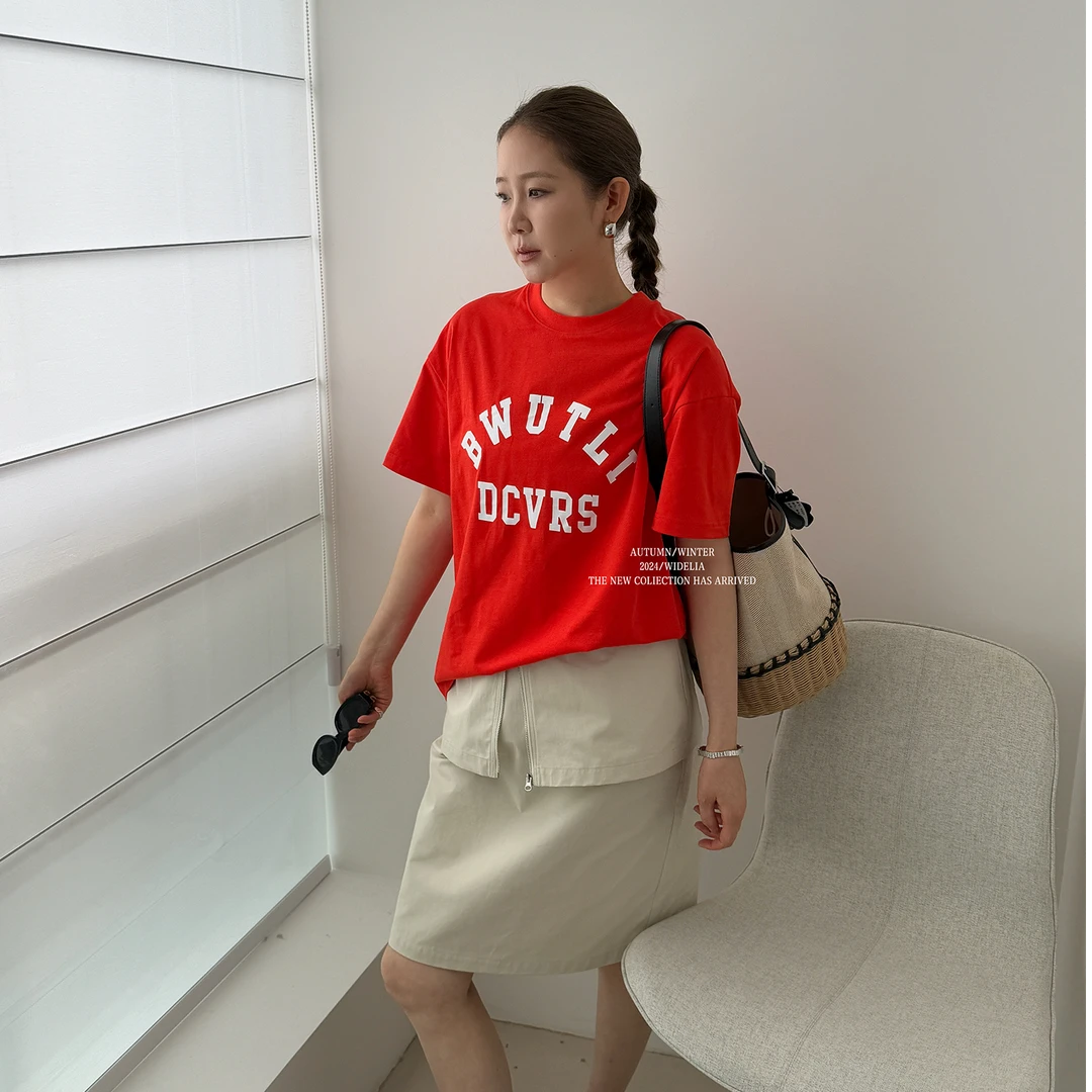 widelia陈姬儿夏季韩版小众显白红色字母印花T恤百搭短袖上衣7396