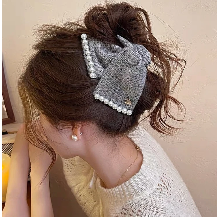 高级感气质小香风千鸟格三角抓夹女后脑勺鲨鱼夹发卡盘发头饰发夹