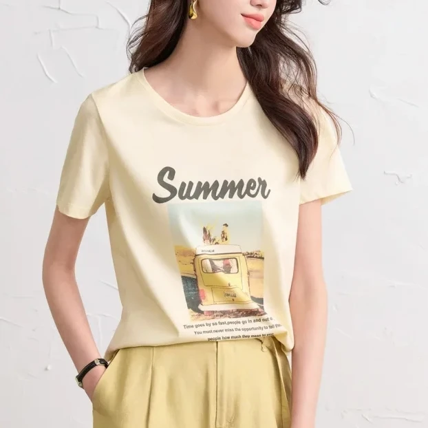 慵懒风棉质短袖t恤女设计感小众韩版印花圆领含桑蚕丝上衣2510