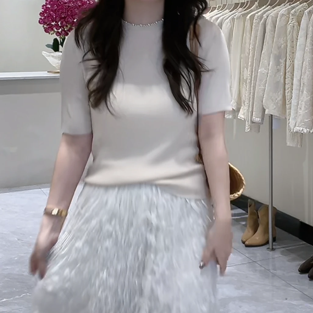 欧若风珍珠领口针织上衣短袖2025新款春季简约气质修身纯色t恤