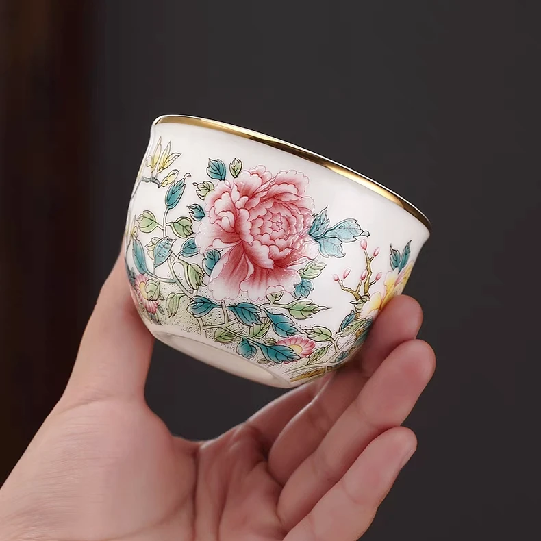 德化云仓 国色天香牡丹瓷胎包银主人杯品茗杯-5205