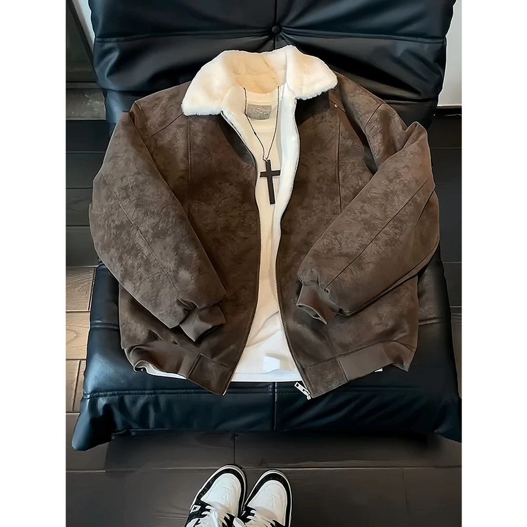 美拉德仿羊羔绒棉服男款冬季加绒加厚保暖棉衣美式PU皮夹克外套
