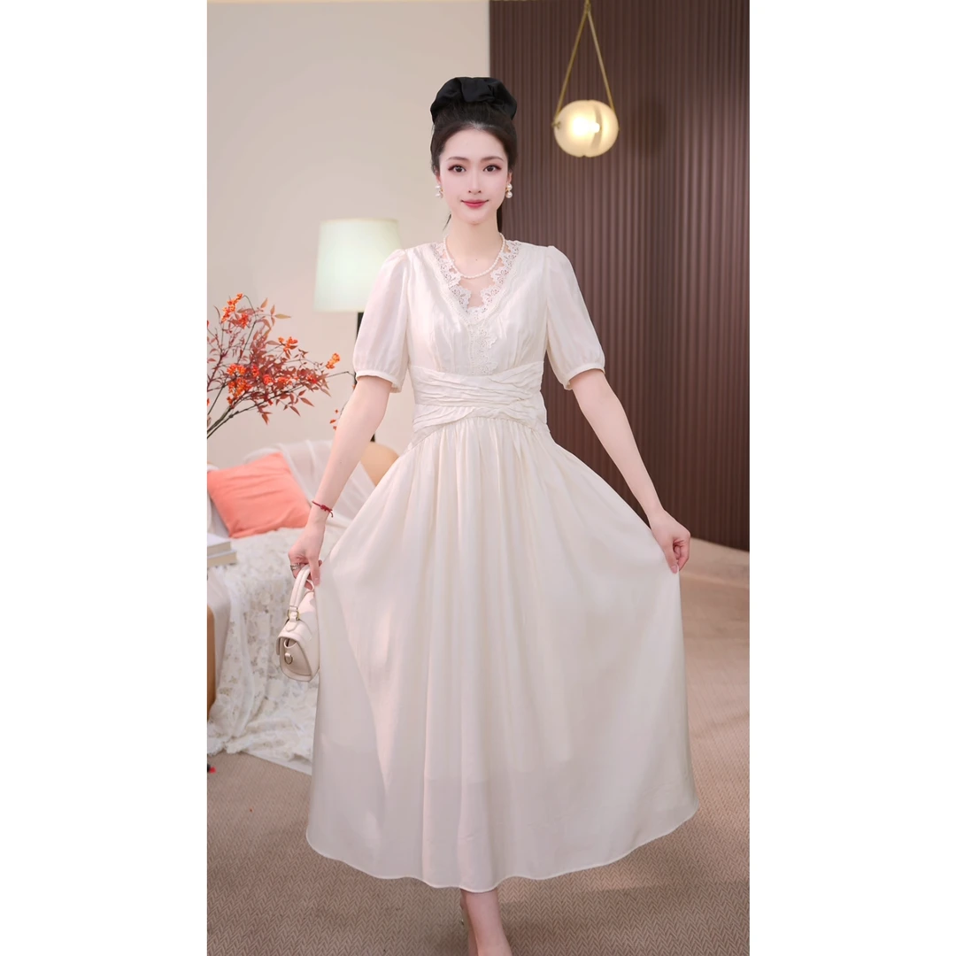 26015夏季新款时尚仙气轻奢防晒V领显瘦收腰连衣裙