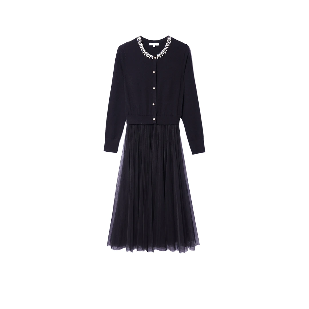 品牌同步重工钉珠优雅圆领羊毛收腰轻纱裙  1L204L0901 新