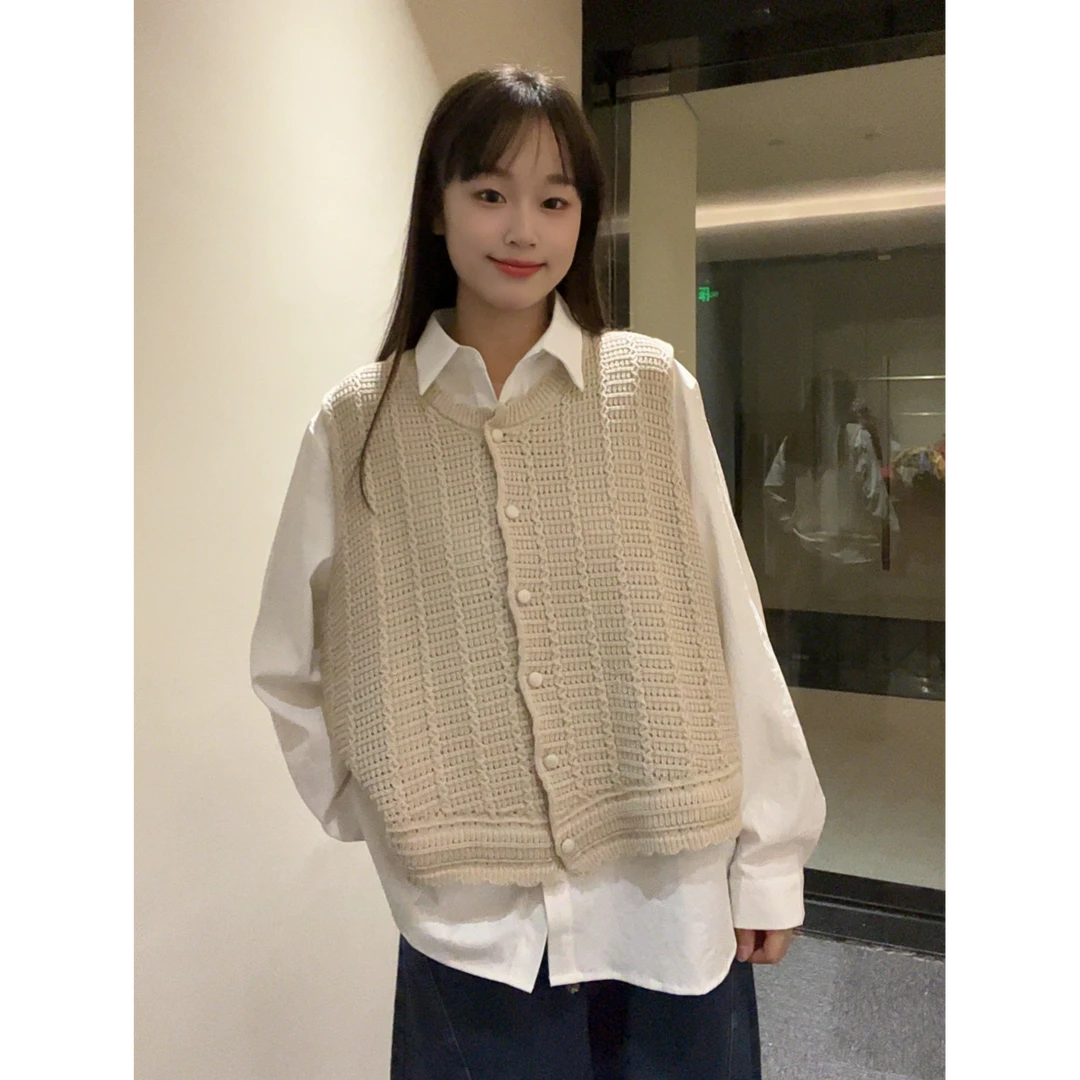 2025秋冬新款透气免烫圆领针织马夹女宽松型马甲针织上衣
