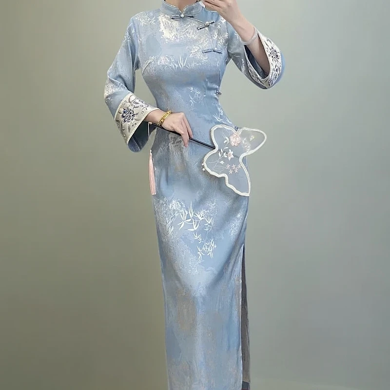 【蓝黛】新中式蓝色刺绣修身倒大袖改良旗袍秋复古竹叶国风连衣裙