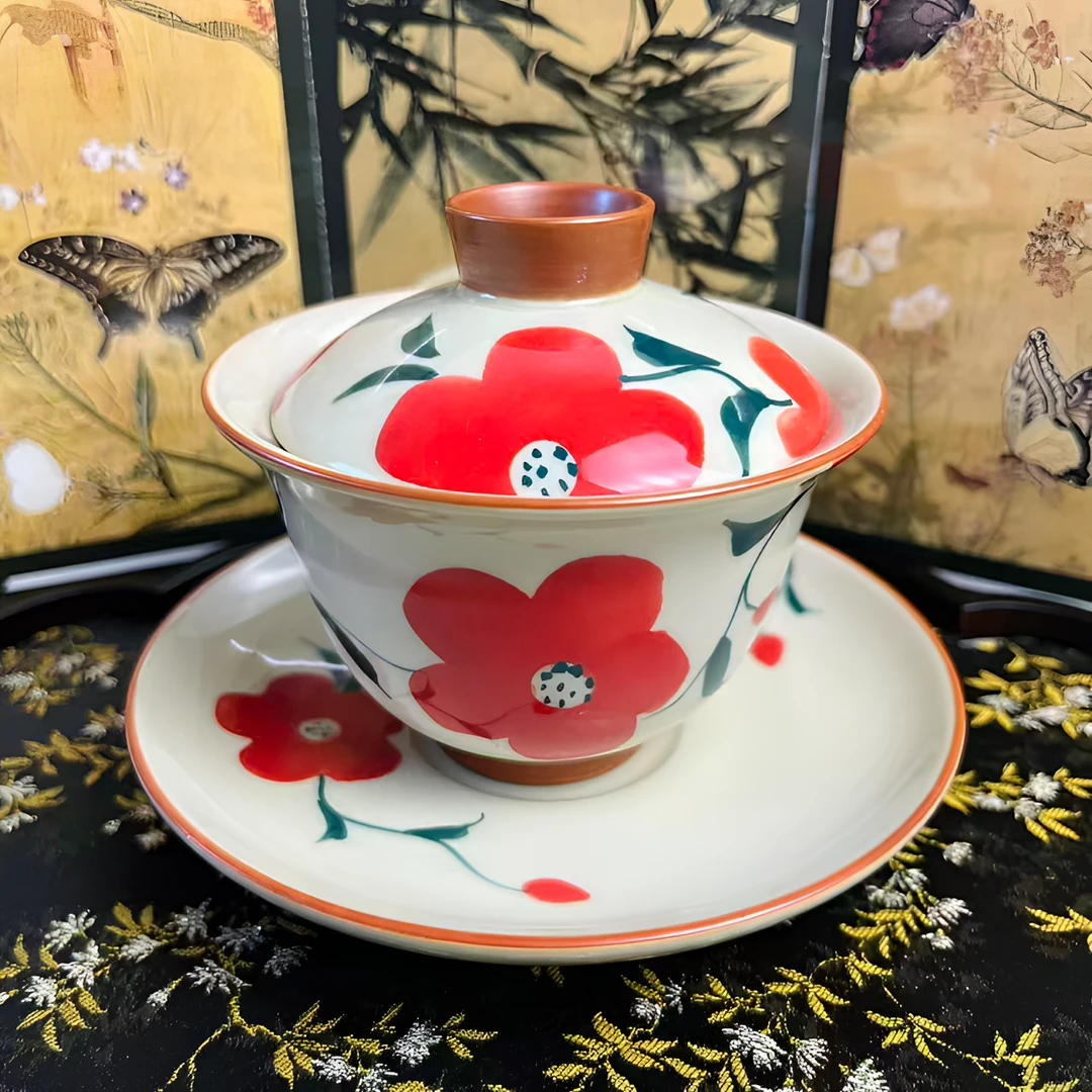 【时熙】手绘红花三才盖碗草木灰仿古陶瓷泡茶碗家用功夫茶具复古