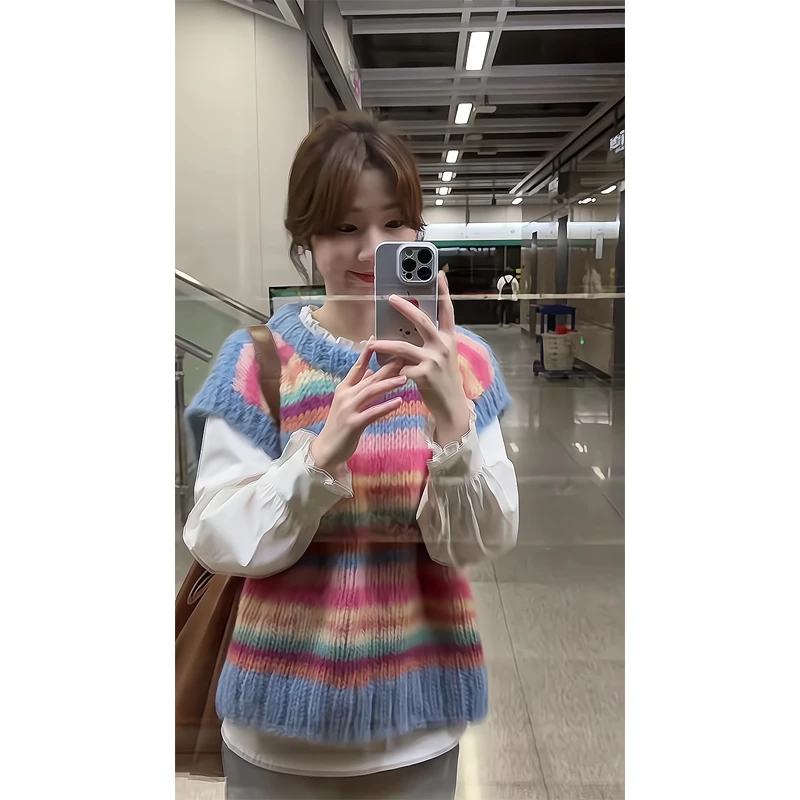 【清8246马甲三件套】小彩虹圆领外搭背心马甲内搭长袖衬衫直筒长裤