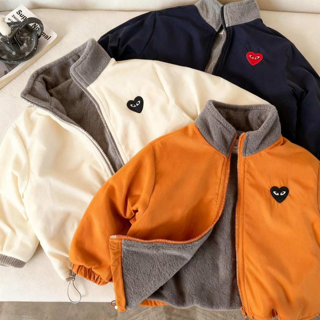 儿童冬款男女童爱心潮牌加绒外套宝宝小童中童两面穿夹克防风外套