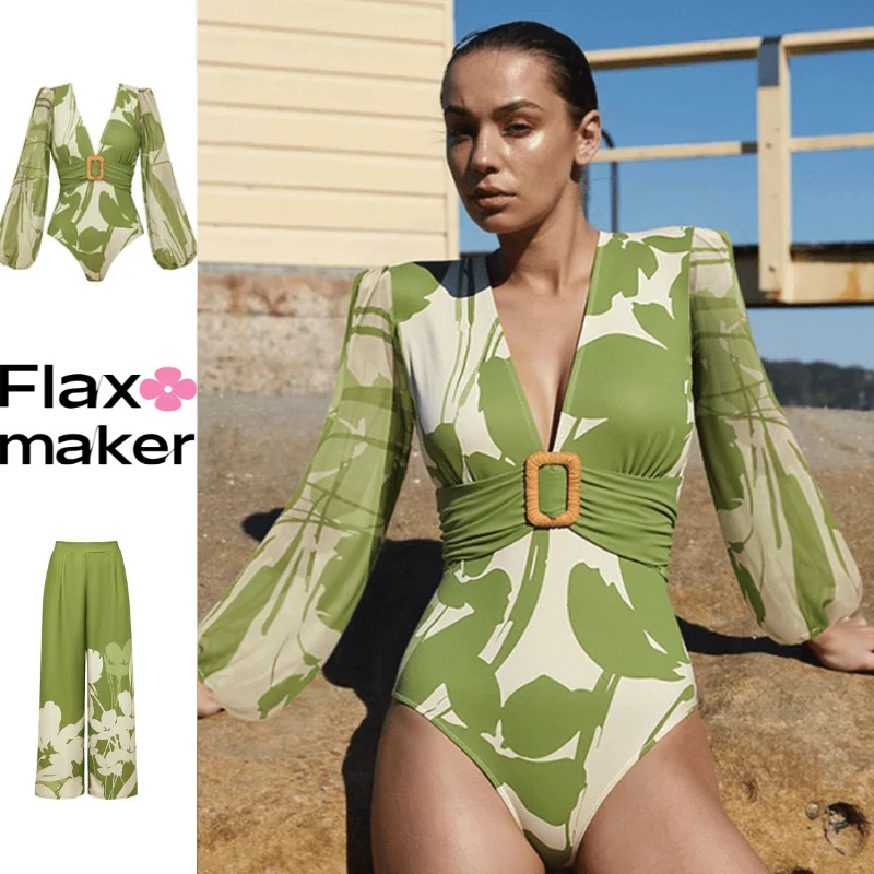 Flaxmaker 长袖连体印花泳衣女性感聚拢显瘦遮肉海边度假必备