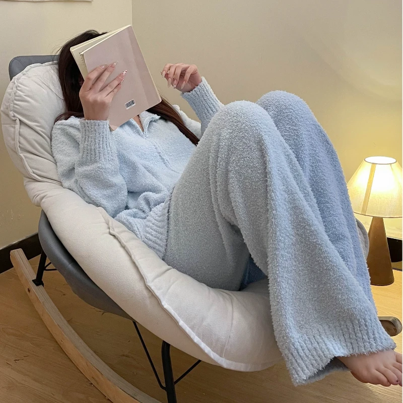 简约高级感针织半边绒睡衣套装女冬新款加厚保暖拉链家居服两件套