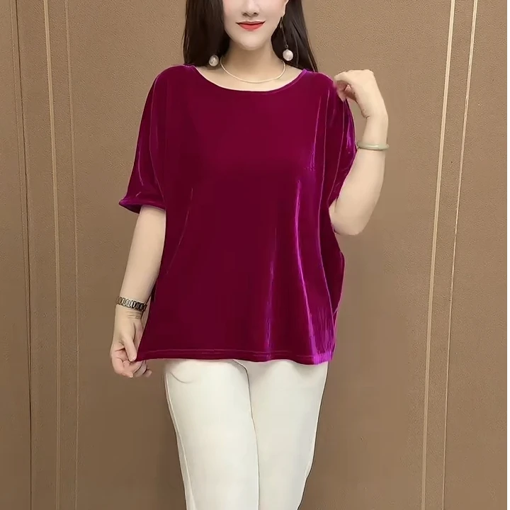 2025夏季新款高级感时尚纯色丝绒上衣宽松休闲中老年妈妈洋气T恤