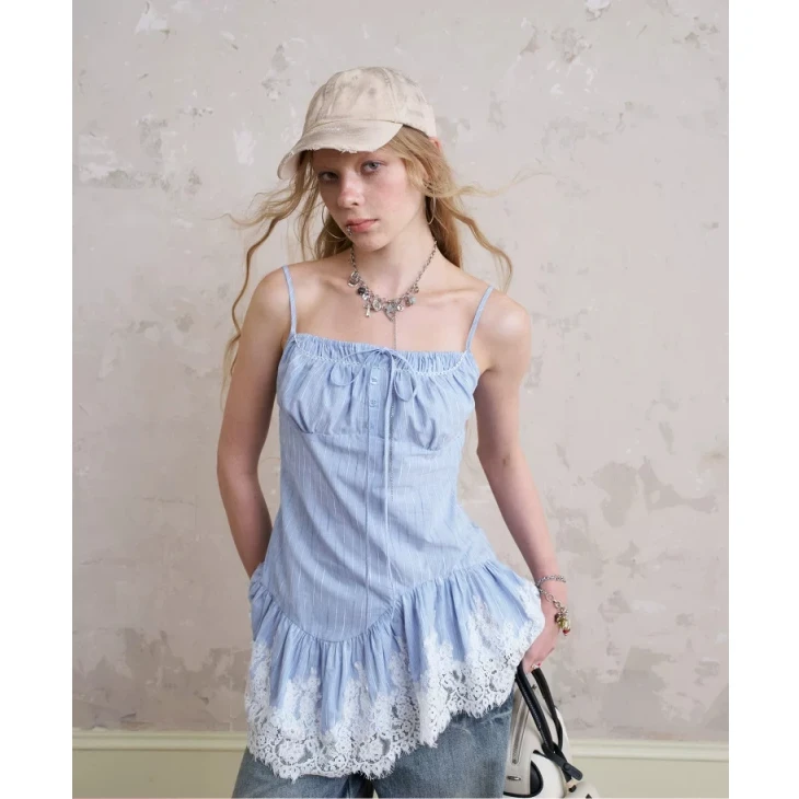 DIDDI MODA【直播专享】时尚立体褶皱不规则蕾丝吊带女上衣K6827