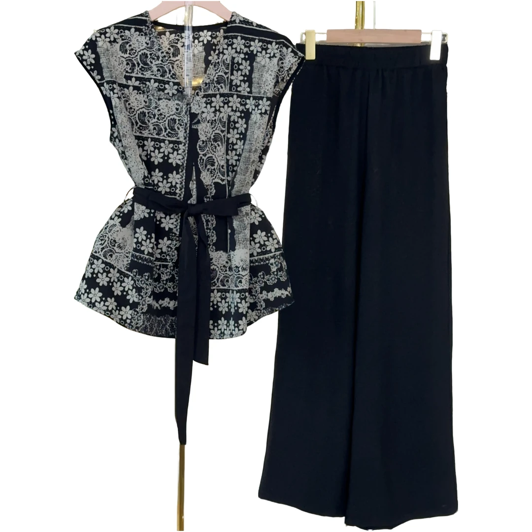 【三件套】时尚套装2025夏季新款休闲减龄上衣+阔腿裤+腰带套装M331