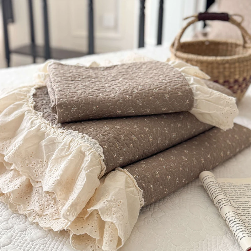 秋季款全棉泡泡纱大花边床盖三件套防滑榻榻米全棉纯棉大尺寸床盖