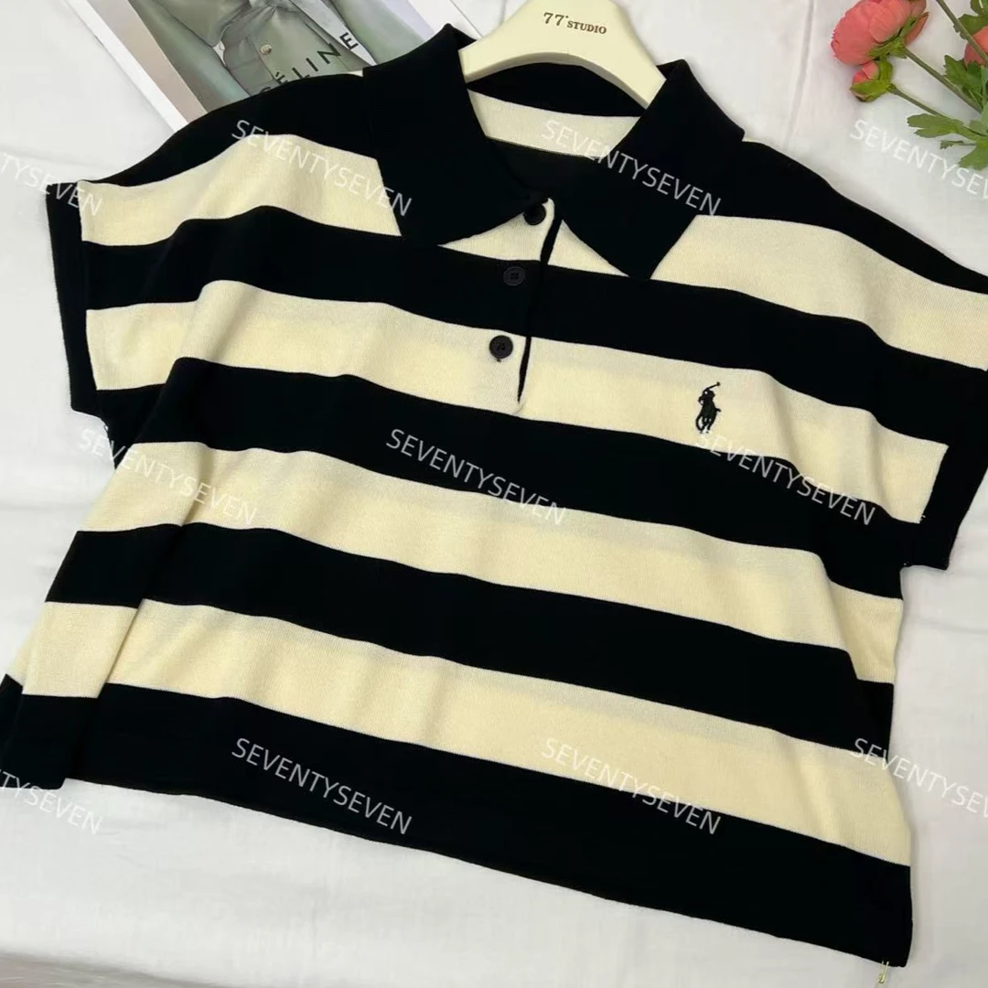 D791#夏季宽条纹黑白翻领针织衫（拍照光线原因 颜色略有误差）