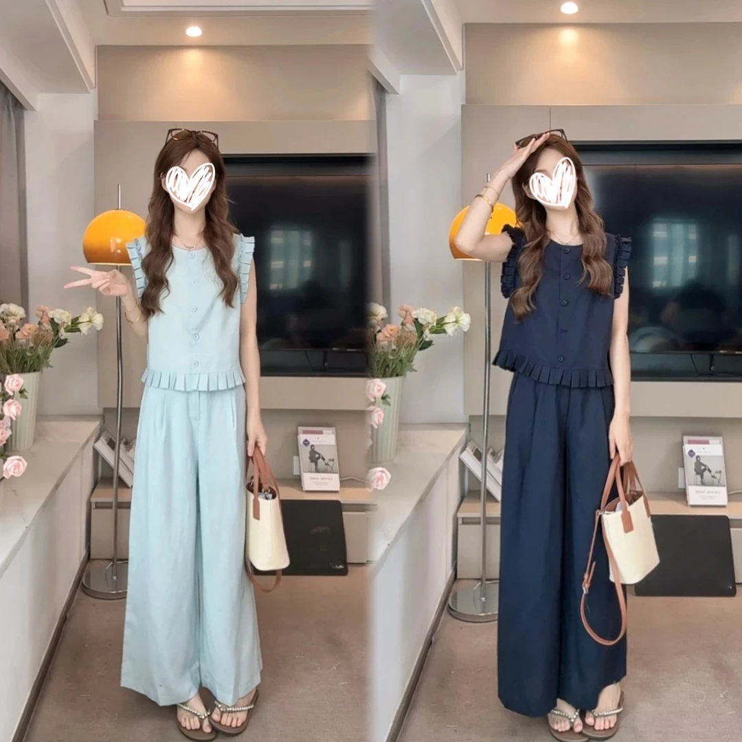 2025夏时尚百搭圆领木耳边无袖马甲+阔腿裤两件套装女1470