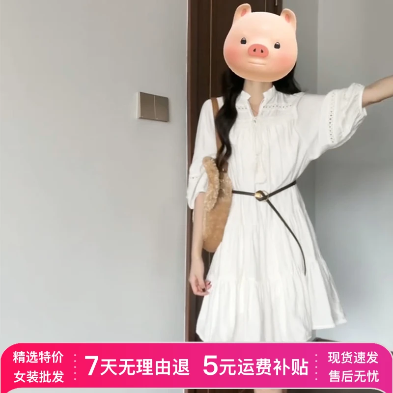 E512法式气质七分袖白色衬衫连衣裙子夏季2025年新款女装显瘦收腰