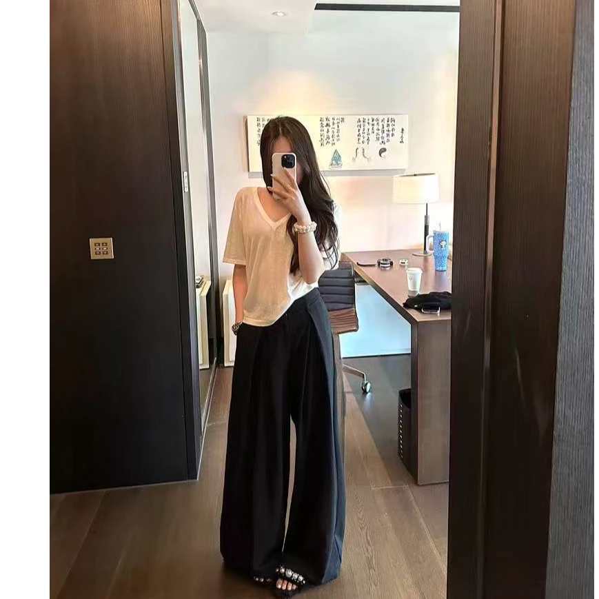 猫猫家加长女裤春夏白色阔腿裤女宽松垂感西装裤AW//8705