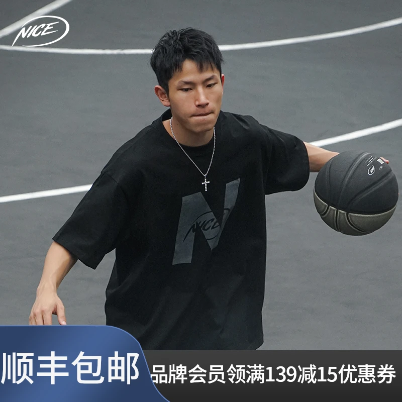 NICEID NICE圆领运动美式T恤男纯棉百搭潮流宽松小领口短袖男女