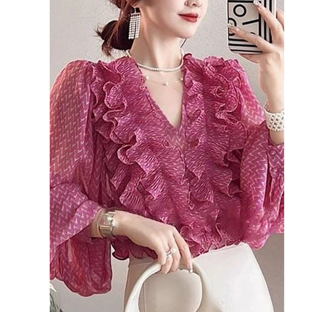 法式浪漫荷叶边衬衫女2025夏季新款气质优雅V领长袖玫红色上衣